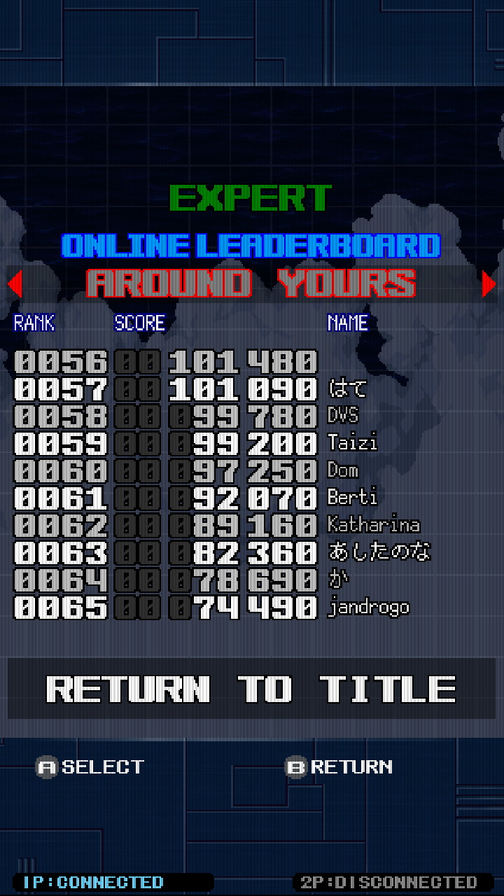 Screenshot: Missile Dancer online leaderboards of Arcade mode at Expert difficulty showing Berti at 61st place with a score of 92 070